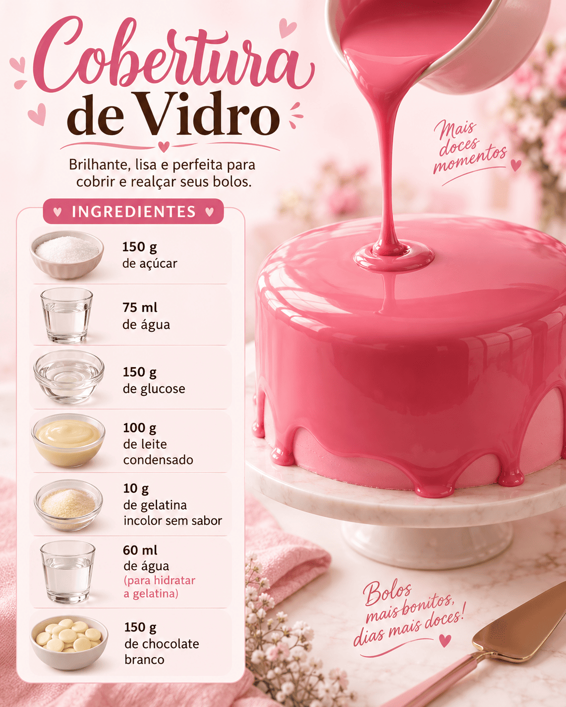 Ingredientes da cobertura de vidro e bolo finalizado